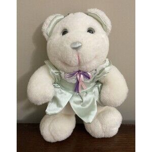 Bear Cuddle Wit white w green satin dress ears nose ribbons flowers plush